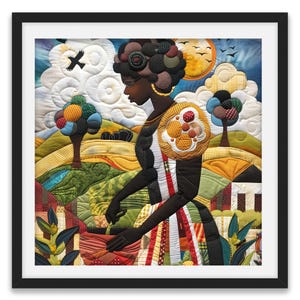 May include: A framed art print featuring a quilted artwork of a Black figure walking through a colorful landscape. The artwork includes trees, a sun, birds, and a variety of patterned fabrics in shades of yellow, green, red, and blue.