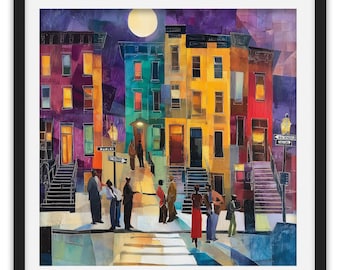 Harlem Street Scene Art Print: Harlem Neighborhood Brownstone Community - Style 31