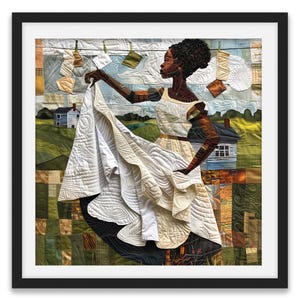May include: A framed artwork depicts a woman in a white dress holding a quilt. The quilt and dress have intricate stitching. The background features a landscape with houses, fields, and a clothesline. The color palette includes white, beige, green, and brown.