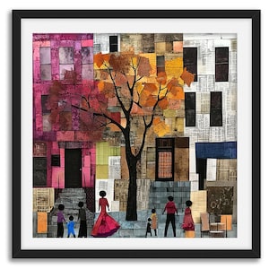 Könnte beinhalten: Ein Collagenbild, das eine Straßenszene in der Stadt mit einem großen Baum in der Mitte zeigt. Die Gebäude sind aus buntem Papier gefertigt und der Baum hat orange Blätter. Menschen gehen auf dem Bürgersteig vor den Gebäuden entlang.