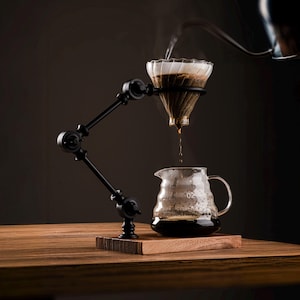 Black Decorative V60 Dripper Stand Unique Artistic Metal Pour-Over Station With Wood Base Customizable Sculptural Stylish Aesthetic Design
