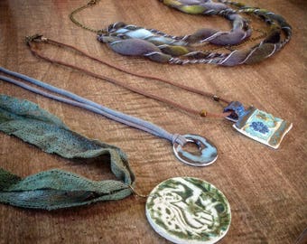 Fiber necklaces with Raku Stonewear Art Pendants - silk hemp handspun art yarn - handmade