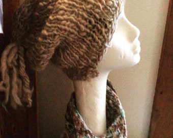 The Infinity cap with crochet swirl accents & tassel - corespun handspun lambswool mohair or vegan