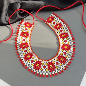 Handmade Red Beaded Necklace, Traditional Ukrainian Jewelry, Adjustable Bridal Choker, Ethnic Necklace, Wedding Necklace, Gift for Her