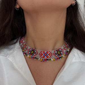 Handmade ukrainian beaded necklace folk jewelry red black white collar seed beads ethnic gift choker statement piece adjustable length