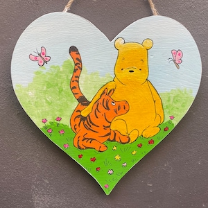 Hand Painting Winnie The Pooh and Tiger in the Garden acrylic painting on wood