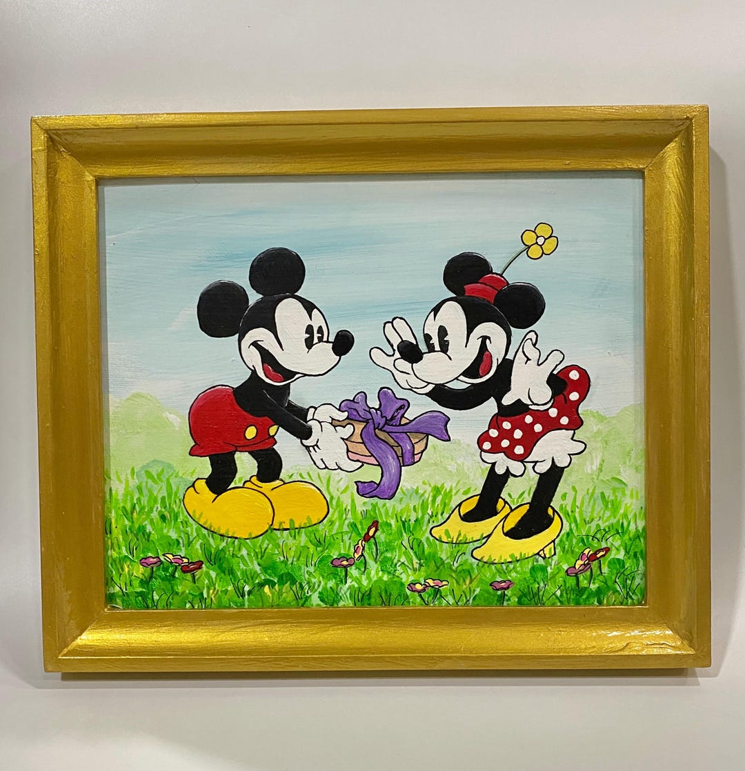Mickey Gives Minnie Mouse a Gift, Framed Acrylic Painting on