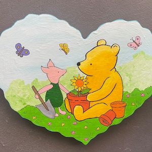 Hand Made Winnie the Pooh and Piglet planting a pot hand painting on wood