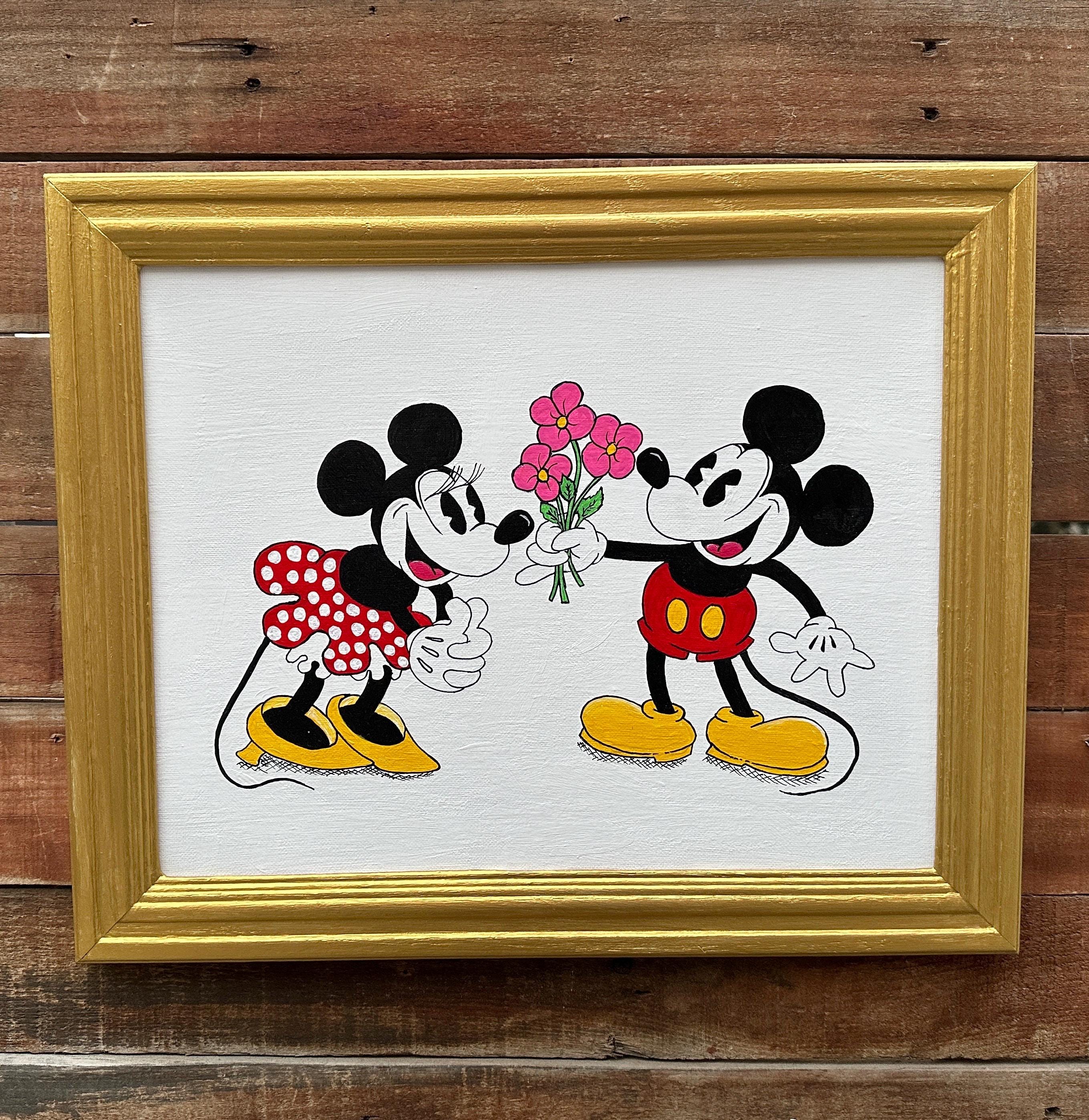 Mickey Gives Minnie Mouse Pink Flowers, Framed Acrylic Painting on