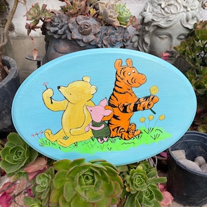 Hand Painted Winnie The Pooh, Piglet and Tiger in the Garden