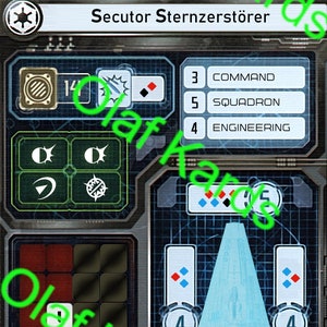 Puede incluir: Una carta de juego de cartas Star Wars: Armada Secutor-class Star Destroyer. La carta presenta una ilustración azul y blanca de la nave, con un fondo negro y rojo. La carta tiene un número 14 en la esquina superior izquierda, y el texto "Secutor Sternzerstörer" en la parte superior central. La carta también tiene un número 3 en la esquina superior derecha, con el texto "COMMAND" debajo. La carta tiene un número 5 en la esquina superior derecha, con el texto "SQUADRON" debajo. La carta tiene un número 4 en la esquina inferior derecha, con el texto "ENGINEERING" debajo.
