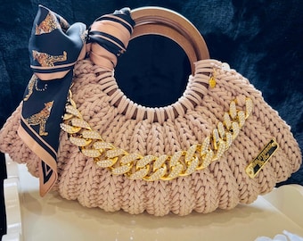 Handmade Crochet Tule Handbag with Gold Chain & Scarf