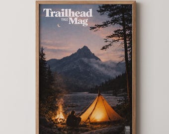 Mountain Camp-poster: vintage campingmuurkunst, kampvuur- en tentprint, retro outdoor avontuurdecor, klassieke wildernis-reisposter
