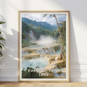 Kuang Si Falls Poster, Laos Wasserfall Druck, Luang Prabang Natur Wandkunst, Südostasien Reise Haus Büro Dekor, Dschungel Landschaft
