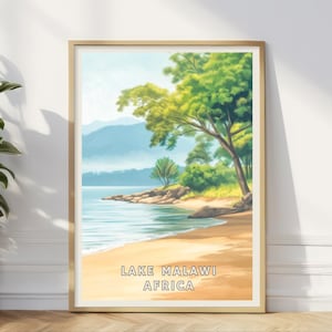 Malawi-See Afrika Poster, ruhige Strand Kunst, Afrikanische Landschaft Druck, Malerische Natur Dekor, Serene Küstenlinie Reise Wandkunst, Home Office