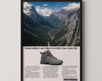 Vintage Hiking Boot Ad Poster: Retro Outdoor Magazine Print, Mountain Wilderness Art, Cabin or Living Room Wall Art Home Decor Gift