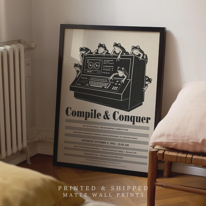 Computer Programming Poster: Coding Competition, Frog Art, Vintage Computer Print, Coder Office Wall Art Home Decor