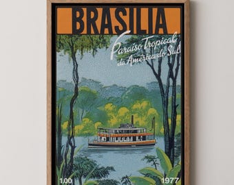 Brazil Amazon Poster: Retro Vintage Brasilia Stamp River Ferry Tropical Jungle Print, Classic South America Travel Wall Art, Home Decor Gift