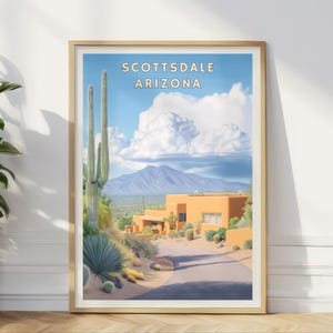 Scottsdale Arizona Poster, Wüstenlandschaft Wandkunst, Southwestern Wohnkultur, Saguaro Kaktus Druck, Blick auf die Berge Reise Kunstwerk