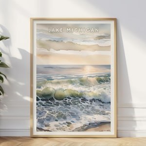 Póster del lago Michigan, arte mural de playa de los Grandes Lagos, impresión de atardecer en el Medio Oeste, olas costeras, paisaje natural sereno, decoración de cabañas, viajes a Illinois