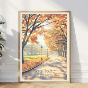 Affiche Hyde Park Londres, art mural automne City Park, décoration de chambre à coucher automne britannique vintage, art naturel britannique, impression bureau à domicile ou salon
