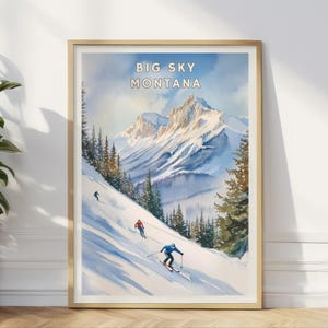 Big Sky Montana Ski Poster, Winter Sport Wandkunst, Verschneite Berglandschaft, Ski Urlaubsort Dekor, Abenteuer Reise Kunstwerk