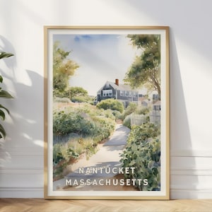 Poster di Nantucket Massachusetts, arte murale costiera del New England, stampa di cottage sul mare, decorazione per case sulla spiaggia, regalo per viaggi sull'isola, arte murale estiva