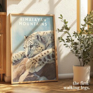 Himalayan Mountains Snow Leopard Poster, Wildlife Big Cat Wall Art, Nature Animal Print, Mountain Travel Decor, Endangered Species Classroom