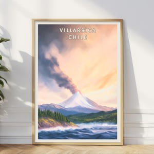Villarrica Chile Volcano Poster, South America Landscape Wall Art, Patagonian Nature Print, Adventure Travel Decor, Mountain Lake Home Art