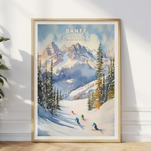 Cartaz de esqui de Banff Canadá, arte de parede de montanha com neve, impressão de esportes de inverno, decoração de esqui nas montanhas rochosas, presente de viagem de aventura alpina