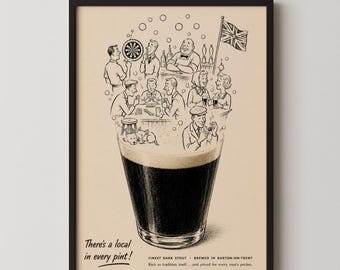 Pôster retrô de pub britânico: Ilustração vintage de anúncio de cerveja stout escura dos anos 1950, decoração de pub, arte de parede para bar ou cozinha, presente para casa
