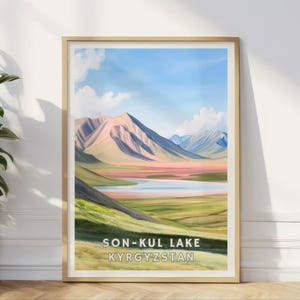 Son-Kul Lake poster, Kirgizië reisafdruk, kunst aan de muur bergmeer, Centraal-Azië landschap, decor nomadische natuur, Yurt Camping Home Office