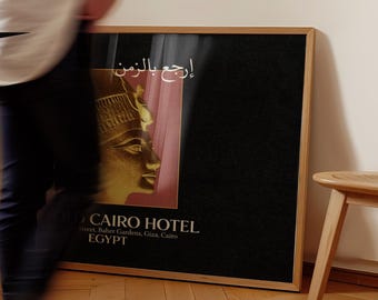Vintage Egypt Poster: Old Cairo Hotel Pharaoh Bust Gold Arabic Script Print, Retro Egyptian Wall Art, Dark Academic Apartment Bedroom Decor