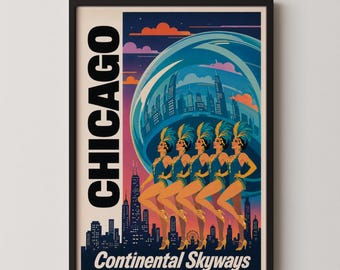 Vintage Chicago Travel Poster: Retro Showgirl Art Deco Print, Jazz Age City Skyline, Living Room or Office Wall Art Home Decor Gift