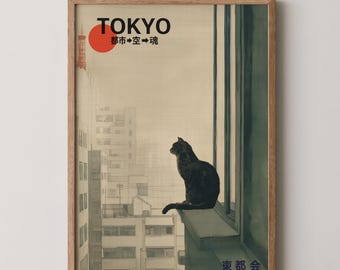 Tokyo Cat Poster: Japanese Minimalist Cat Window Cityscape Illustration, Moody Neutral Kanji Wall Art, Bedroom or Living Room Home Decor