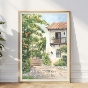 Cartagena Colombia Poster, Colonial Architecture Wall Art, Tropical Courtyard Scene Print, Latin America Travel Decor for Home, Office