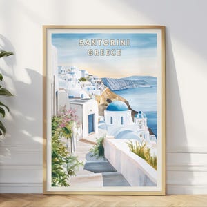 Santorini Greece Poster, Greek Island Wall Art, Watercolor White & Blue Print, Aegean Sea Travel Decor, Coastal Mediterranean Illustration