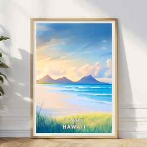 Póster de O'ahu, Hawái, Arte mural de playa tropical, Impresión de isla hawaiana, Decoración costera oceánica, Amanecer en la playa, Viajes a las islas del Pacífico, Sala de estar