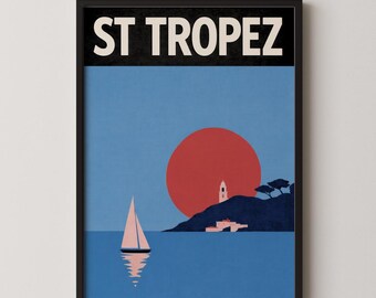 St Tropez Poster: French Riviera Minimalist Sailboat Sunset Illustration, Retro Mediterranean Travel Wall Art, Bedroom or Living Room Decor