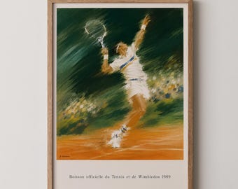 Wimbledon Tennis Poster: Classic 80s Court Serve Print, Vintage Sports Illustration Wall Art, Tennis Bedroom or Living Room Home Decor Gift