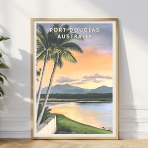 Port Douglas Australien Sunset Poster, Tropische Wandkunst, Palme Landschaft, FNQ Reisedekor, Gelassenes Home Office oder Wohnzimmer Kunst