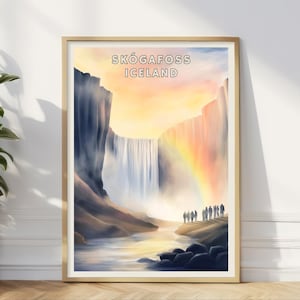 Skógafoss Iceland Waterfall Poster, Iceland Nature Print, South Coast Landscape Wall Art, Nordic Travel Decor, Rainbow Waterfall Scene