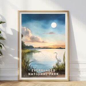 Everglades National Park Poster, Florida Wetlands Sunset Art, Wildlife Nature Print, Heron Bird Wall Decor, Home Office Travel Gift