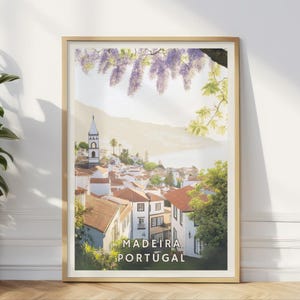 Madeira Portugal Poster, Küstendorf Wandkunst, Europäischer Reise-Druck, Atlantik-Insel Dekor, portugiesische Architektur, Landschaftskunst