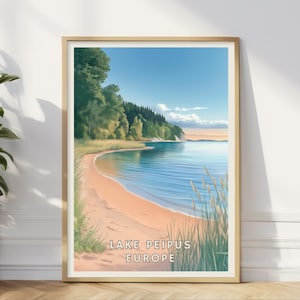 Peipussee Poster, Malerische Seeufer, Wald Küstenlinie Druck, Natur Landschaft Dekor, Ruhige Reise Galerie Wandkunst, Home Office