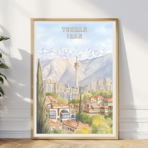 Tehran Iran Poster, Milad Tower Skyline Wall Art, Snowy Alborz Mountains Print, Persian Middle East Travel Decor, Office Living Room Print
