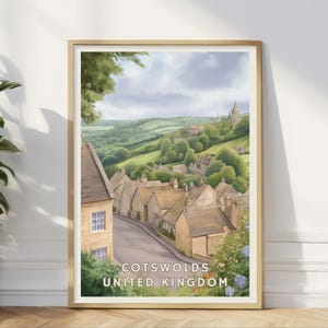Cotswolds UK Poster, English Countryside Wall Art, Stone Cottage Village Print, British Travel Decor, Pastoral Landscape Home Office Art