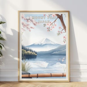 Mount Fuji Japan Poster, Cherry Blossom Landscape Wall Art, Zen Japanese Nature, Mountain Decor, Bedroom Office Living Room Travel Print