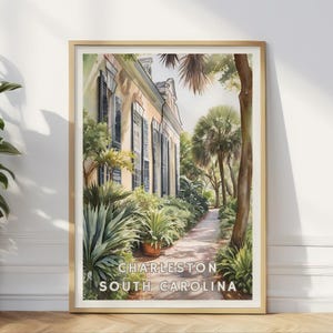 Póster de Charleston, Carolina del Sur, arte de pared con encanto sureño, impresión de jardín histórico, decoración del hogar de Lowcountry del estado de Palmetto, paisaje tropical