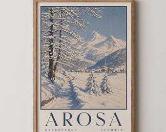 Retro Ski Poster: Arosa Graubunden Switzerland Vintage Alpine Village Snow Print, Classic Swiss Travel Wall Art, Ski Chalet or Home Decor